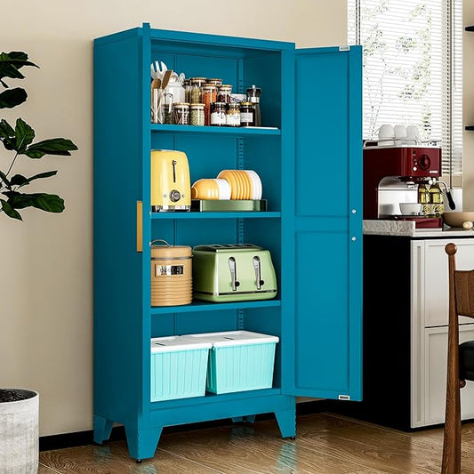 LCAOPC 61" Tall Metal Storage Cabinet with 2 Doors and 3 Adjustable Shelves, 4-Tier Kitchen Pantry Storage Cabinet for Kitchen, Living Room, Dining Room and Office, Blue
