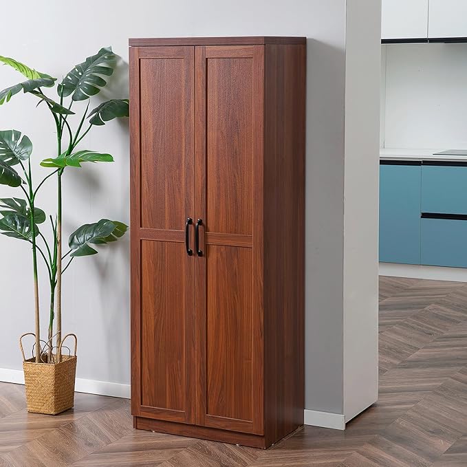 63" Kitchen Pantry, Freestanding Storage Cabinet with 5-Tier Shelving and 2 Adjustable Shelves, 2-Door, Brown, Easy to Maintain, for Dining Room