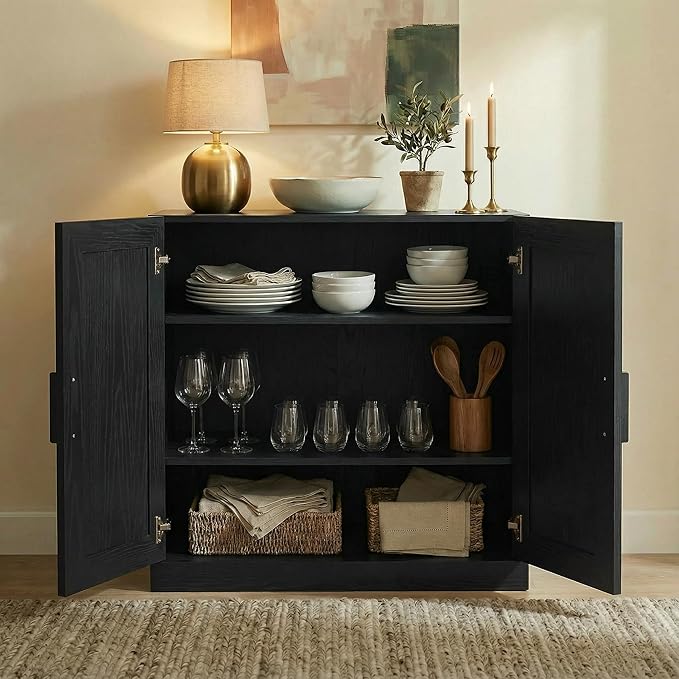 Casaphoria Adam Sideboard Buffet Cabinet with Storage, Sideboard Cabinet with Rattan Doors & Adjustable Shelves, 31" W x 31" H Coffee Bar for Entryway Kitchen Living Room, Black