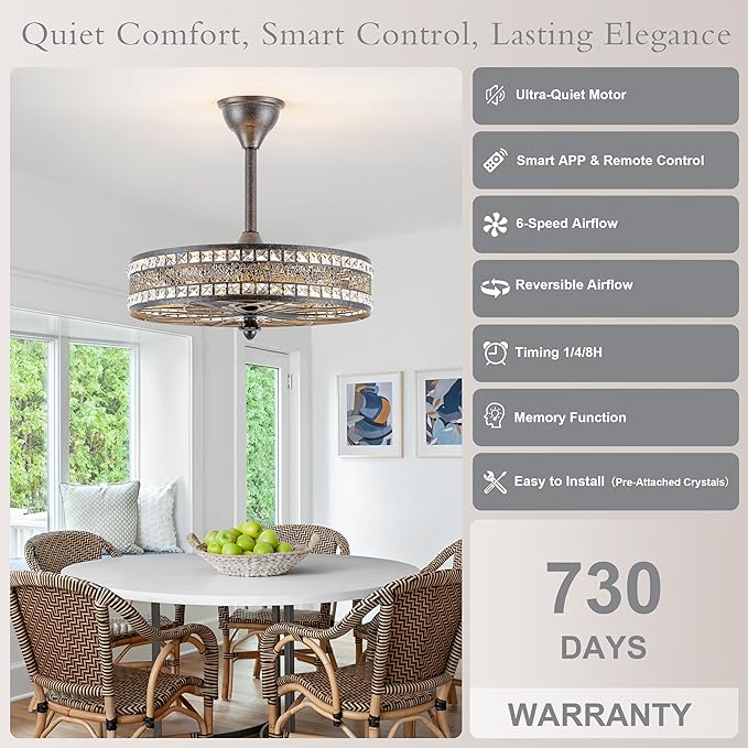 Vintage Chandelier Light Fixture 6-Light,Retro Antique Fandelier Ceiling Fan with Light, Decorative Traditional Crystal Bladeless Caged Enclosed Hanging Pendant for Bedroom, Dining Room, Living Room