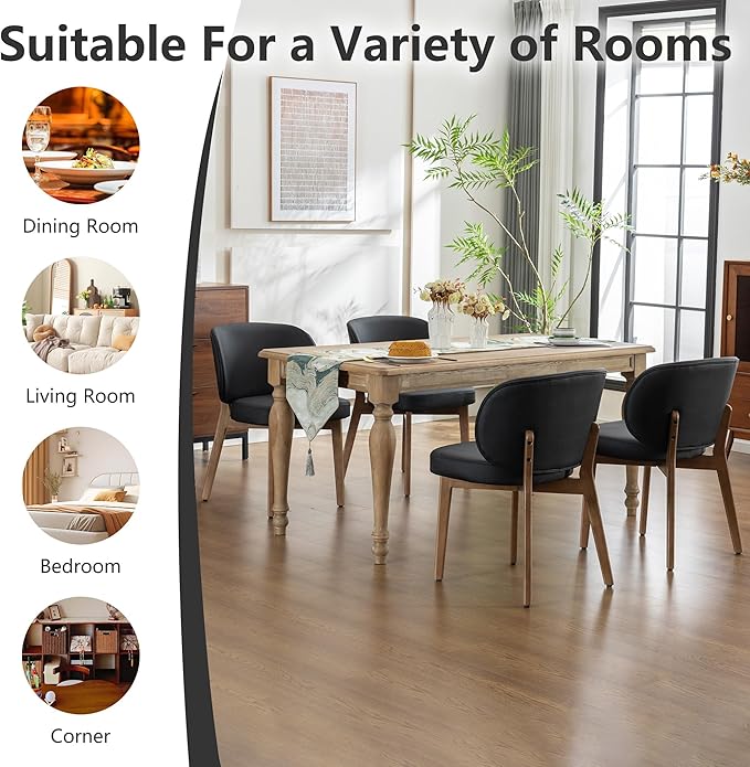 YOUNIKE Dining Chair with High Back Set of 8 Mid Century Modern Kitchen Chair Faux Leather Upholstered Armless Chair 20" Wide Padded Seat with Wooden Legs for Kitchen Dining Living Room Bedroom Black