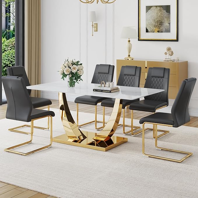 Faux Marble Dining Room Table, Modern Kitchen Table with Golden U-Shaped Base, 71" White Dining Table with Rectangular Glass Top for Dining Room and Kitchen