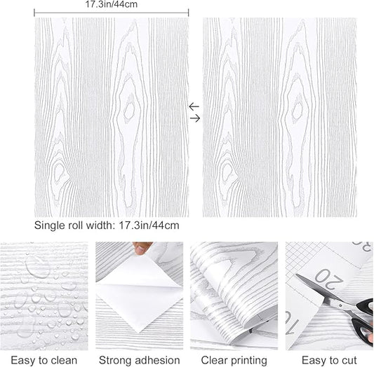 Yun-aeon White and Silver Wood Contact Paper 17.3"x200" Rustic Wooden Peel and Stick Wallpaper Removable Self-Adhesive Wallpaper Wood Grain Contact Paper for Countertops Cabinets