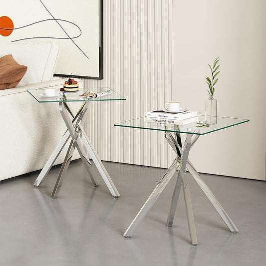 Square Side Table with X-Shaped Silver Chrome Metal Base, Tempered Glass End Tables Small End Table, Living Room Sofa Couch Side Table, Modern Bedsde Tables Bedroom Night Stand, Clear Nightstand