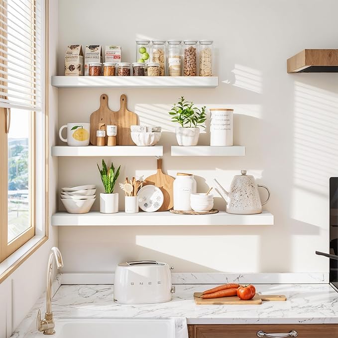 Vivelove White Floating Shelves 55 Inches Long, Wall Display Shelves with Invisible Brackets, for Bathroom Living Room Kitchen Bedroom Office Farmhouse Home Decor, 55x9.3X 1.5 - Set of 2, White