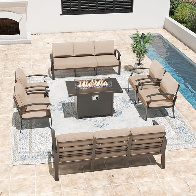 Metal Outdoor Patio Furniture Set for 10,Aluminum Patio Sectional Set w/Propane Fire Pit Table,Outside Furniture w/Removable Sponge Cushion for Porch, Balcony, Yard,Sand