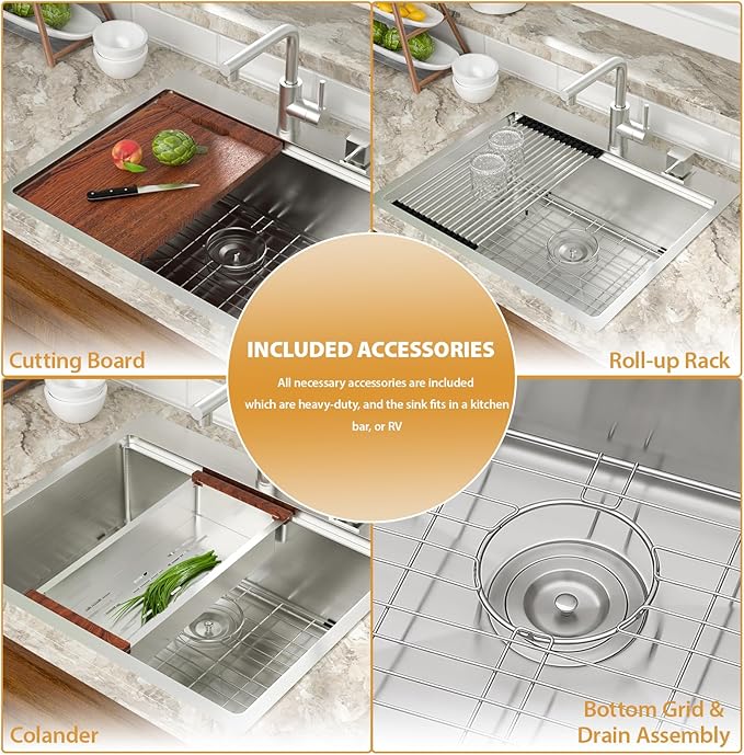 Mocoloo 25 Inch Kitchen Sink with Faucet, 16 Gauge Drop in Workstation Sink - 25x22x9" Stainless Steel Single Bowl Small Rv Kitchen Sink with Pull-Out Faucet