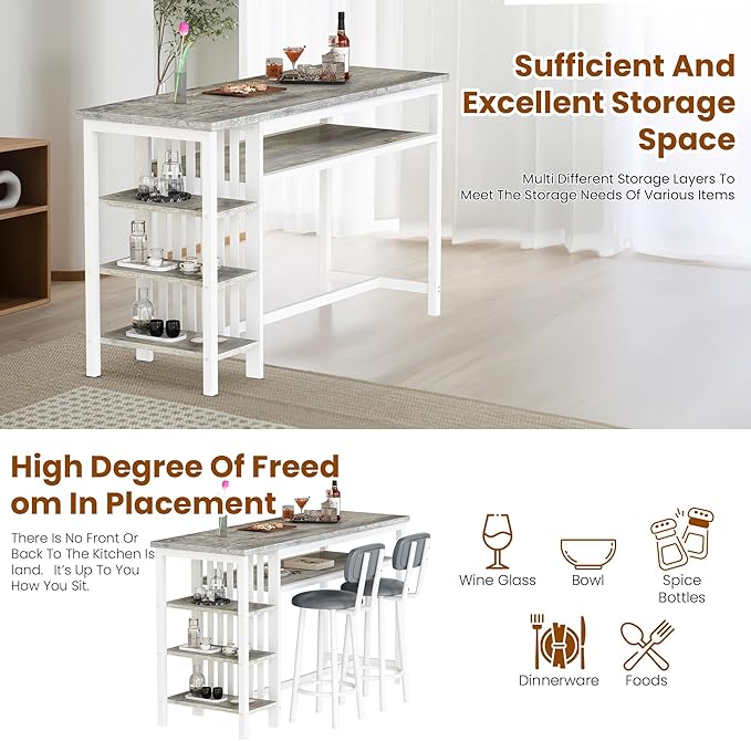 DKLGG Bar Table and Chairs Set for 2, 3-Piece Counter Height Dining Table with Stools, Hightop Kitchen Island Table with Storage Shelves for Kitchen, Bar, Pub, Bistro