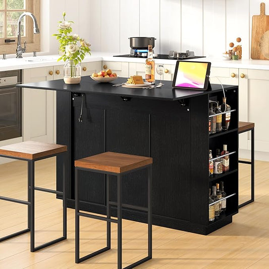 47.2" Kitchen Island with Drop Leaf & Power Outlet, Wine Bar with Bottle Rack & Glass Holder, 2-Door Buffet Sideboard with Side Shelves for Dining Room (Black-85R)
