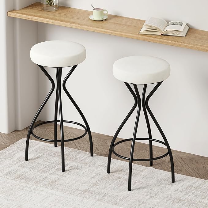 Modern Backless Bar Stools Set of 2 Round Upholstered Counter Stools for Kitchen Island Velvet Dining Chairs,for Living Room