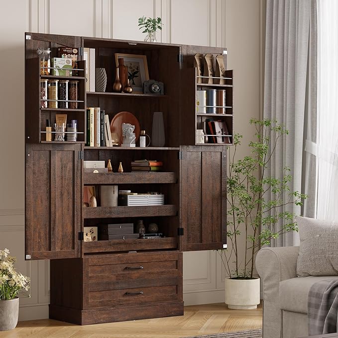 ONBRILL 71" Tall Farmhouse Kitchen Pantry Cabinet with 3 Pull Out Shelves & 2 Large Drawers, Pantry Storage Cabinet with 6 Door Shelf & Adjustable Shelf, Freestanding Cupboard for Kitchen, Dining Room
