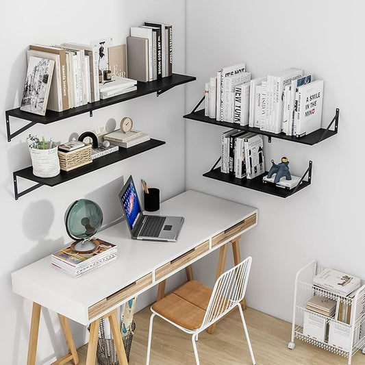 Heimlove Black Deep Floating Shelves for Wall, 48W x 12D Wood Wall Shelves Set of 2, Wide Floating Bookshelf for Living Room, Kitchen, Office, Bedroom and Decor Storage, with Metal Bracket - Black