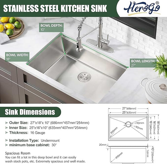 27x18Inch Undermount Kitchen Sink, Herogo Stainless Steel Single Bowl Workstaion Basin,16 Gauge Handmade 10'' Deep Kitchen Sink with Accessories