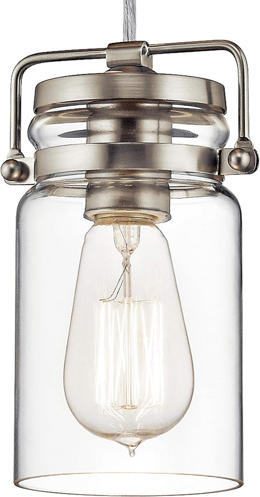 Kichler Brinley 7.75" Kitchen Pendant in Brushed Nickel, Mini Farmhouse Pendant with Clear Glass, (7.75" H x 4.75" W), 42878NI, 1-Light