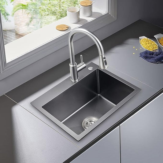POPFLY 20 Inch Kitchen Sink, 18 Gauge 304 Stainless Steel Single Bowl Drop In Black Bar Deep Small Sink, Modern Top mount Kitchen Prep Sink with Drain Strainer