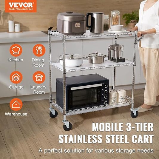VEVOR Kitchen Utility Cart, 3 Tiers, Wire Rolling Table with 661 LBS Capacity, Steel Service Desk on Wheels, Metal Storage Trolley with 80 mm Deep Basket Curved Handle PP Liner 6 Hooks