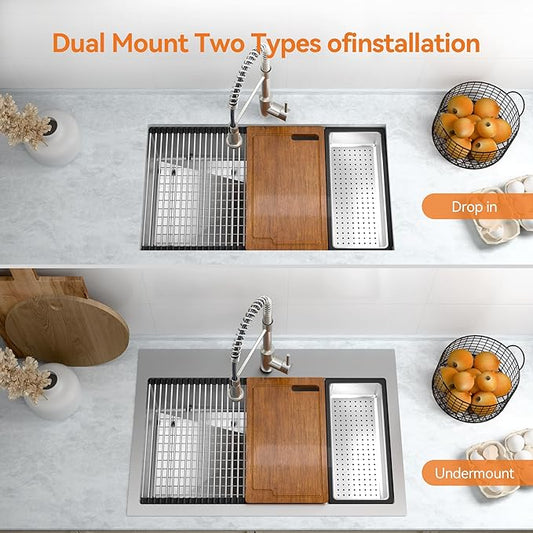 33 x 22 Drop-In/Undermount Kitchen Sink, TECASA Single Bowl Kitchen Sink, 18-Gauge T-304 Stainless Steel Basin with Workstation