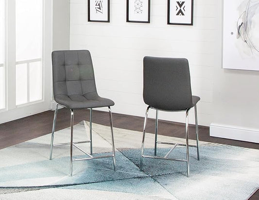 Sunset Trading Nia 24" Faux Leather Barstools | 2 Counter Height Stools | Chrome Legs with Footrest | Charcoal Gray Upholstered Tufted Seat & High Back | Dining Room, Home Bar, Kitchen Island Seating