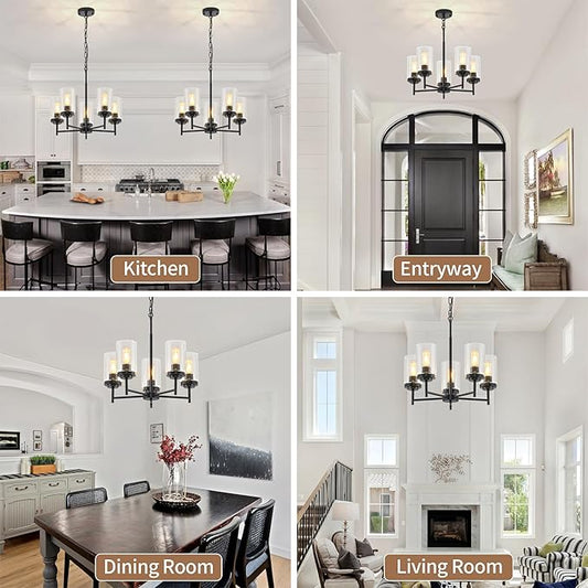 5-Light Farmhouse Glass Chandelier, Modern Black Chandelier for Dining Room Island Lights Industrial Hanging Foyer Lighting Fixtures Chandeliers for Entryway Kitchen Living Room Adjustable Height
