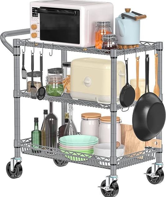 Folews Heavy Duty Rolling Cart with Wheels for Kitchen & Garage, 990LBS 3-Tier Metal Utility Cart, Adjustable Shelves & Basket, Lockable Casters, Commercial Storage Trolley, Gray
