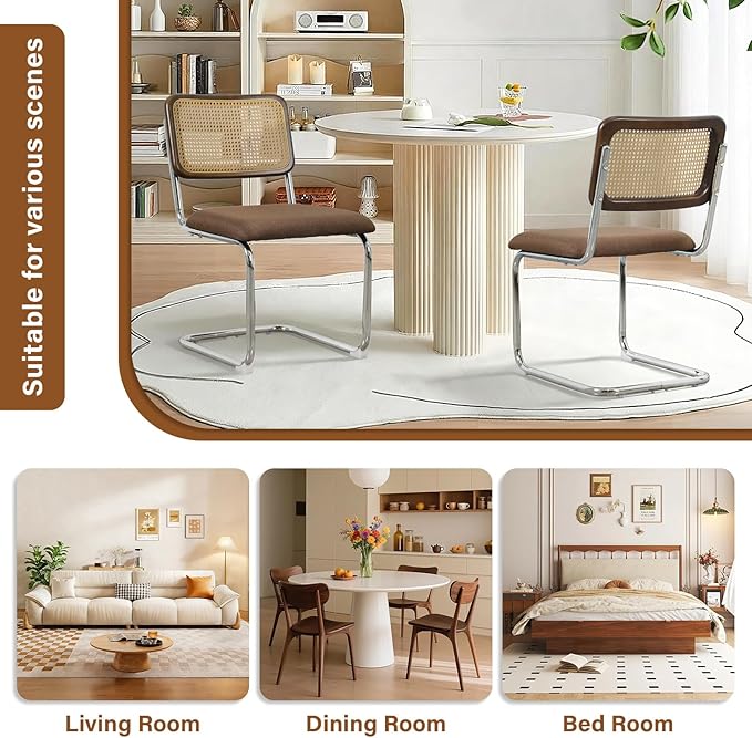 Linen Dining Chair Set of 2 Arched Rattan Square Back Stainless Chrome Base Upholstered Side Chair for Dining Room, Kitchen Island,Coffee