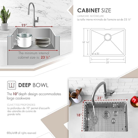 Stylish 23 x 18 Inch Undermount Kitchen Sink 16G Stainless Steel 10mm Radius Corners Single Bowl Kitchen Sinks with Bottom Grid and Luxury Basket Strainer, S-307XG