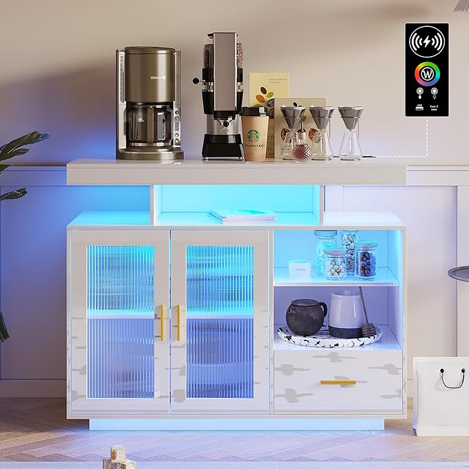 HNEBC LED Sideboard Buffet Cabinet with Charging Station, Smart Bar Cabinet with Auto RGB Lighted, High Gloss Coffee Bar with Drawer/Hutch for Living Room, Dining Room, Home Storager(White)