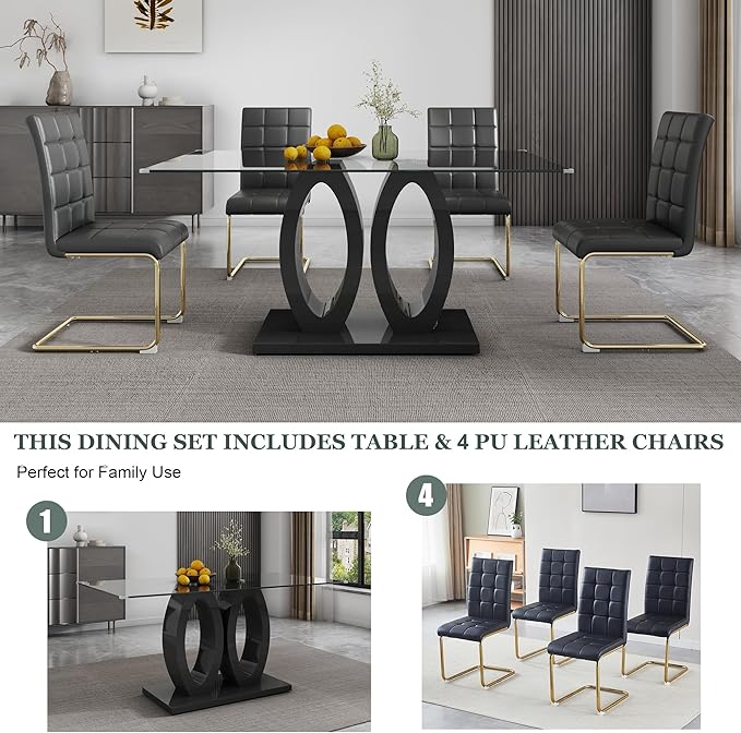5-Piece Glass Dining Table Set, 63" Black Kitchen Table with O-Shape MDF Base, Dining Room Set for 4 with 4 Leather Upholstered Chair for Kitchen, Dining Room (Black,Gold)