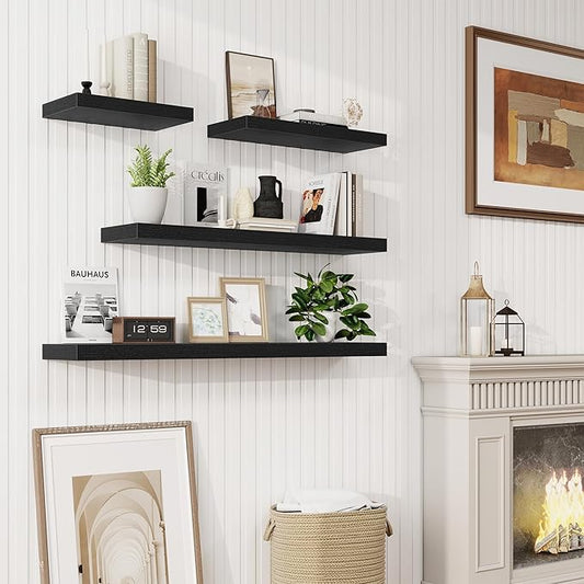 Acovy 16 Inch Floating Shelves, 9.3" Deep Floating Shelf Wall Mounted, 16" Wall Shelves, Rustic Deep Bookshelf, Large Display Shelves & Storage Shelves for Bedroom, Living Room, Black, Set of 2
