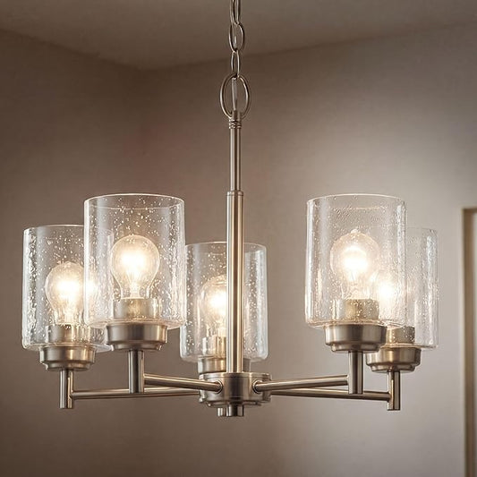 Kichler Winslow 19.75" Chandelier in Brushed Nickel, 5-Light Chandelier for Dining Room, Living Room, or Bedroom, Clear Seeded Glass, (19.75" W x 16" H), 44030NI