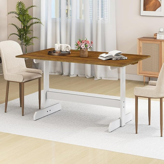 Giantex 55" Dining Table for 4-6, Farmhouse Kitchen Table with H-Shaped Rubber Wood Leg, Adjustable Foot Pads, Rectangular Wood Dinner Tables for Dining Room, Home Office, Living Room, Dinette