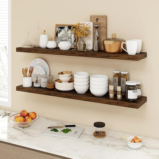 Acovy 48 Inch Floating Shelves, 9.3" Deep Floating Shelf Wall Mounted, 48" Wall Shelves, Rustic Deep Bookshelf, Large Display Shelves & Storage Shelves for Bedroom, Living Room, Brown, Set of 1