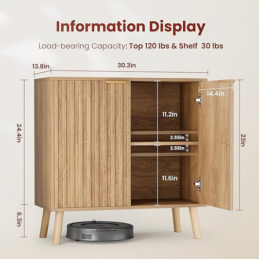 Pamapic Fluted Storage Cabinet, Sideboard Buffet Cabinet with Storage, Wood Credenza with Adjustable Shelves, Modern Accent Cabinet for Living Room, Kitchen, Entryway, Natural(2, Natural)