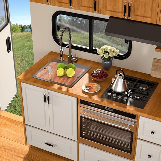 18 Inch Drop In RV Bar Sink - Beslend 18x18 Gunmetal Black Topmount Sink for RV Camper, Black Stainless Steel Wet Bar Workstation with Cutting Board, Roll-up Rack, Drain Assembly & Rinse Grid