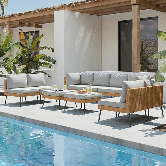 Aoxun 10 Piece Patio Furniture Set, 10 Seats Outdoor Sectional Sofas with Thick Cushion, Wicker Outdoor Patio Furniture Set with Ottomans for Party, Garden, Backyard, Grey