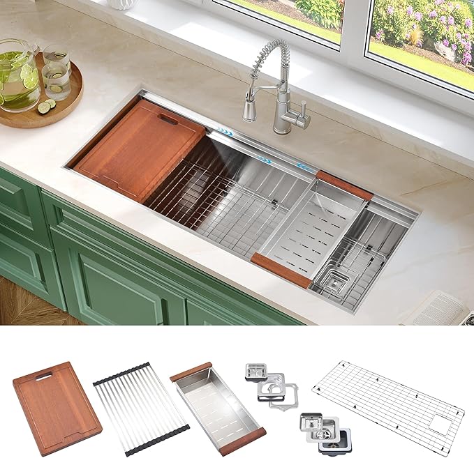Undermount Kitchen Sink 45 inch,16 Gauge Stainless Steel Single Bowl Undermount Sink Two-Tiered Ledge,Spacious & Large Kitchen Sink Offset Drain (45" X 19")