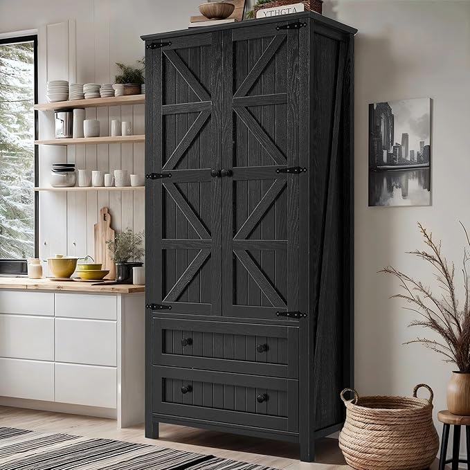 YITAHOME Farmhouse Kitchen Pantry Cabinet, 64.5" Tall Storage Cabinet with 2 Drawers & Adjustable Shelves, Ideal for Kitchen, Living Room, or Entryway, Oak Black