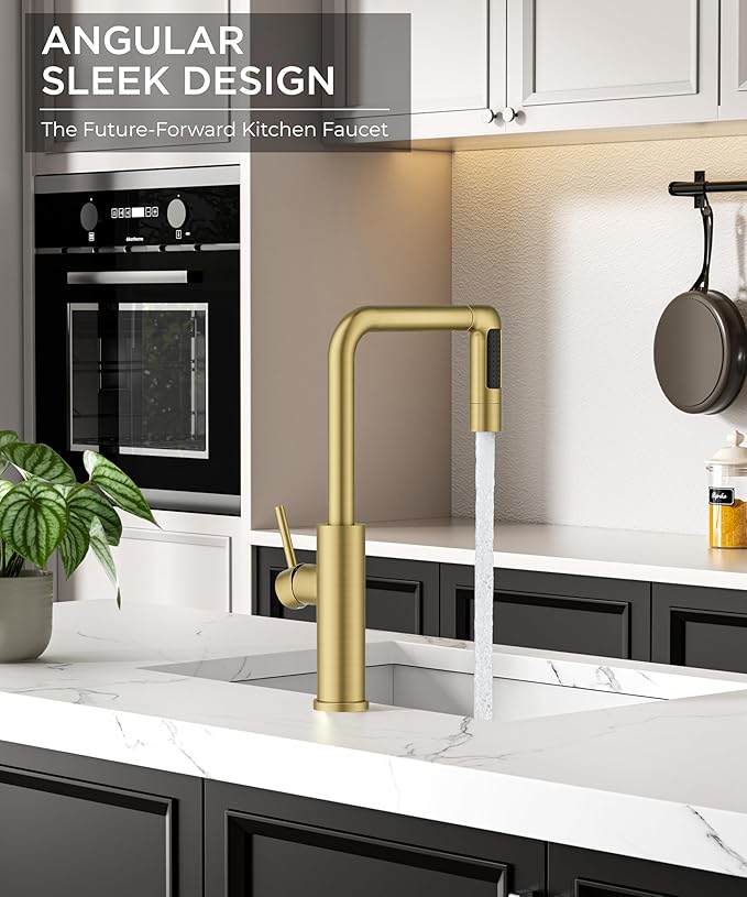 FORIOUS Gold Waterfall Kitchen Faucet with Pull Down Sprayer, 5 Spout Mode Stainless Steel Single Handle 360° Swivel Classic Kitchen Sink Faucet with Deck Plate for 1 or 3 Hole for Bar Rv