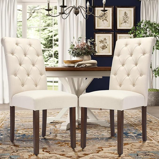 Tufted Dining Chairs Set of 4, Upholstered Parsons Dining Room Chairs, Fabric Kitchen Side Chair with Wood Legs, Beige
