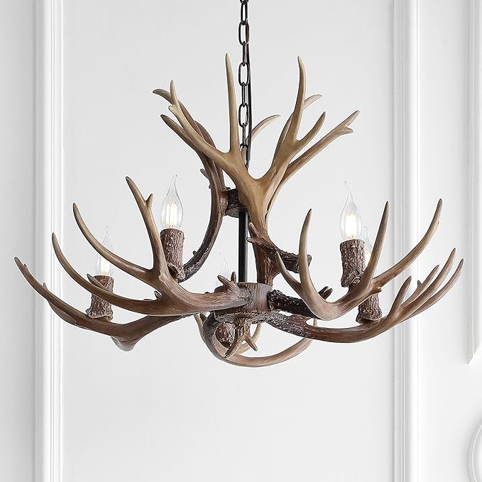 JONATHAN Y 30" Brown Rustic Resin Antler 5-Light LED Chandelier, Farmhouse Faux Deer Horn Hanging Ceiling Light for Dining Room, Kitchen Island, Adjustable Light Fixture (JYL6300A)