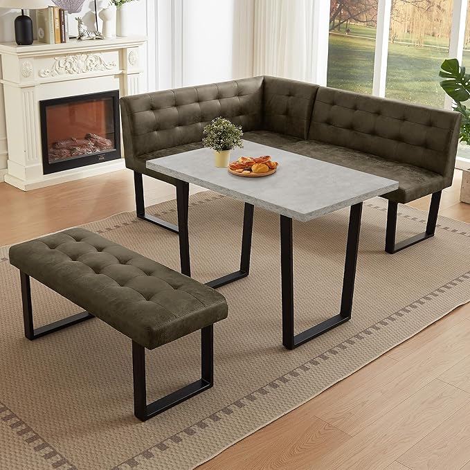 HIPIHOM 3-Piece Corner Dining Table Set with Bench, 70 Inch Space-Saving Breakfast Nook for Kitchen & Dining Room(Grey Table+Right Seat Brown Bench)