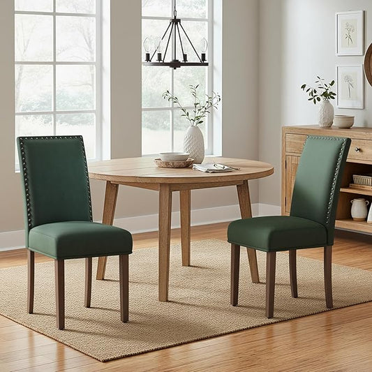 COLAMY Green Velvet Dining Chairs Set of 2 – Upholstered Kitchen & Dining Room Chairs with Nailhead Trim, Soft High-Density Cushion and Solid Wood Legs for Dining Room, Kitchen, Living Room