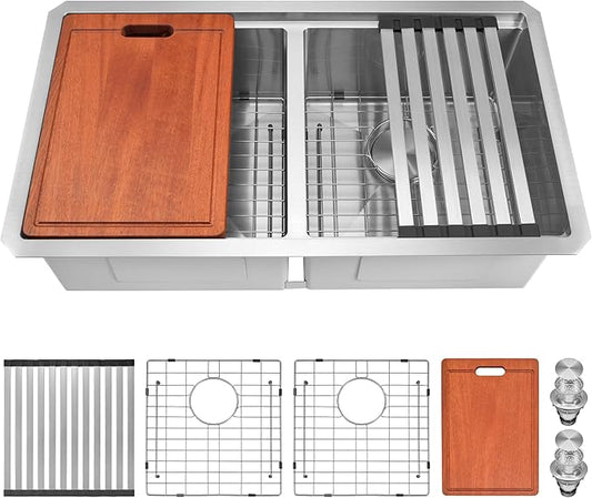 LQS Stainless Steel Sink Double Bowl, 31 Inch Kitchen Sink Undermount, Undermount/Drop In Installation Kitchen Sink 31x18, X-Shaped Drain Line for Quick & Fast Drainage