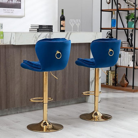 Rhomtree 24-33 Inch Swivel Bar Stools, Adjustable Counter Height Barstools, Velvet Tufted Back and Golden Footrest, Bar Chairs for Kitchen Island, Cafe, Bar, Bar Counter, Coffee(Navy Blue Set of 6)