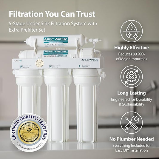 APEC Water ROES-50X 5-Stage Under Sink Reverse Osmosis Water Filter System, NSF Certified 372 & 58, 50 GPD, with Extra High Capacity Pre-Filter Set Stage 1-3