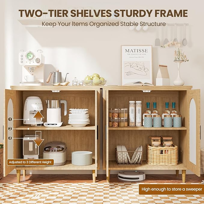 GarveeHome Sideboard Buffet Kitchen Storage Cabinet with Rattan, Solid Wood Feet for Living Room, Hallway, Entryway, Cabinet with Ample Storage Space (Natural, 2 pcs)