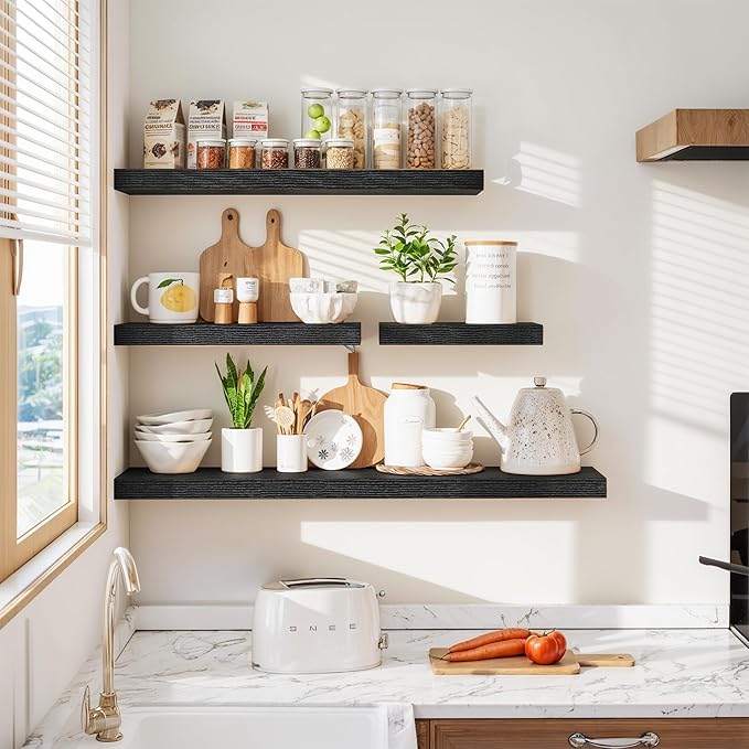 Vivelove Floating Shelves 16 Inch, Wall Shelves Over Toilet with Invisible Brackets for Bathroom Living Room Kitchen Bedroom Office Farmhouse Home Decor, 16" X 9.3" X 1.5" - Set of 2, Black