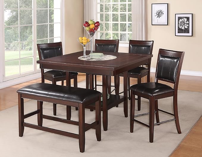 Brown Espresso Counter Height Bench with Faux Leather Upholstered Seat and Footrest, Farmhouse Style Wooden Furniture for Kitchen or Dining Room
