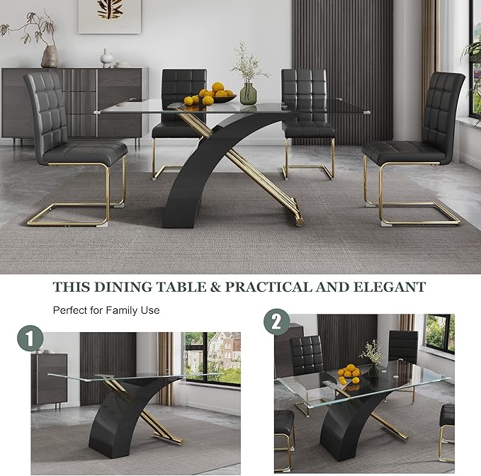 63" Rectangle Glass Dining Table, Black Modern Kitchen Table with Tempered Glass Tabletop and Gold X-Shaped MDF Base, Dining Room Table for 4-6, for Kithchen, Living Room