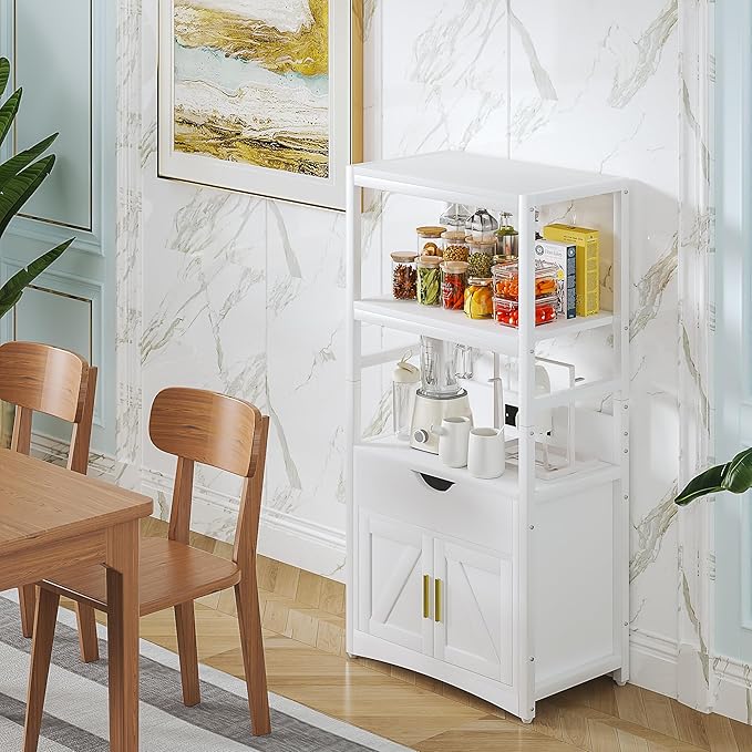 VECELO Kitchen Pantry Cabinet with Charging Station, Freestanding 2-Tier Storage Cupboard, Extra Tall & Wide Microwave Shelf, Farmhouse Style with Drawer, White